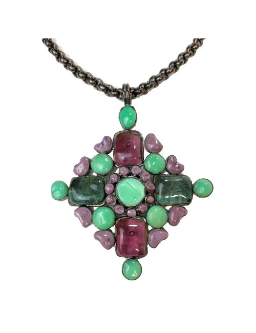 Collier MARGUERITE DE VALOIS pendentif en pâte de verre multicolore