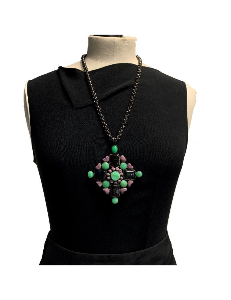 Collier MARGUERITE DE VALOIS pendentif en pâte de verre multicolore