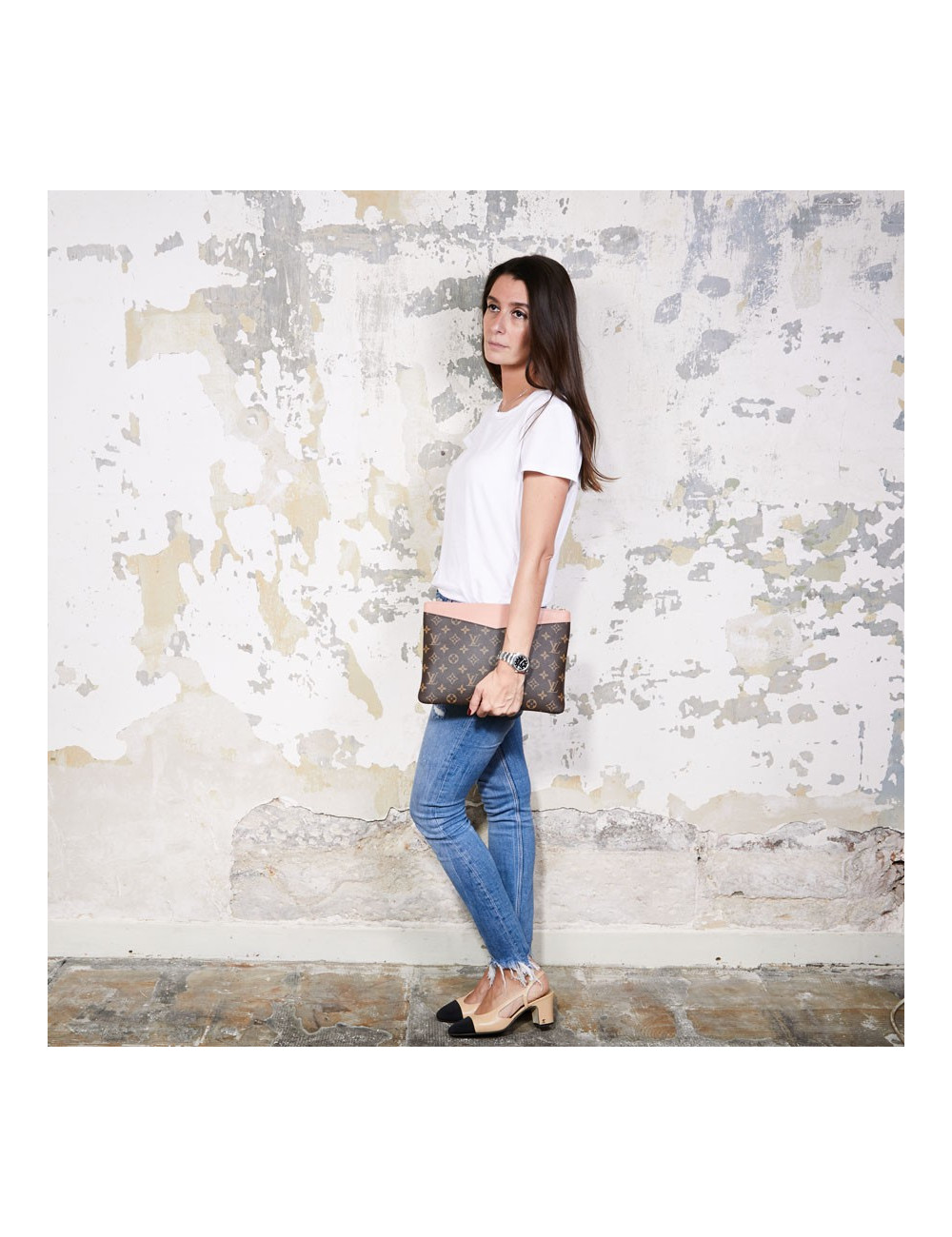 Pochette LOUIS VUITTON en toile Monogram marron et cuir rose poudré