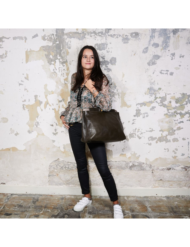 Sac FENDI peekaboo cuir grainé bicolore kaki et marron irisé