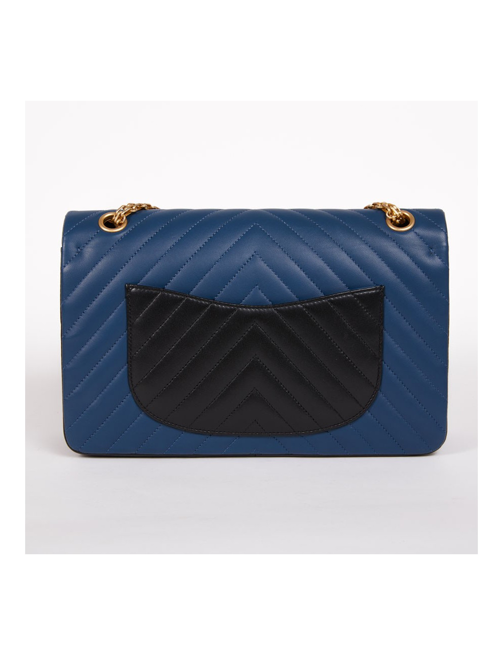 Sac CHANEL 2.55 chevron cuir tricolore bleu gris noir