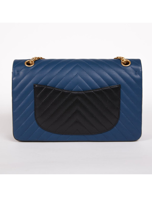 Sac CHANEL 2.55 chevron cuir tricolore bleu gris noir