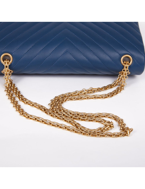 Sac CHANEL 2.55 chevron cuir tricolore bleu gris noir