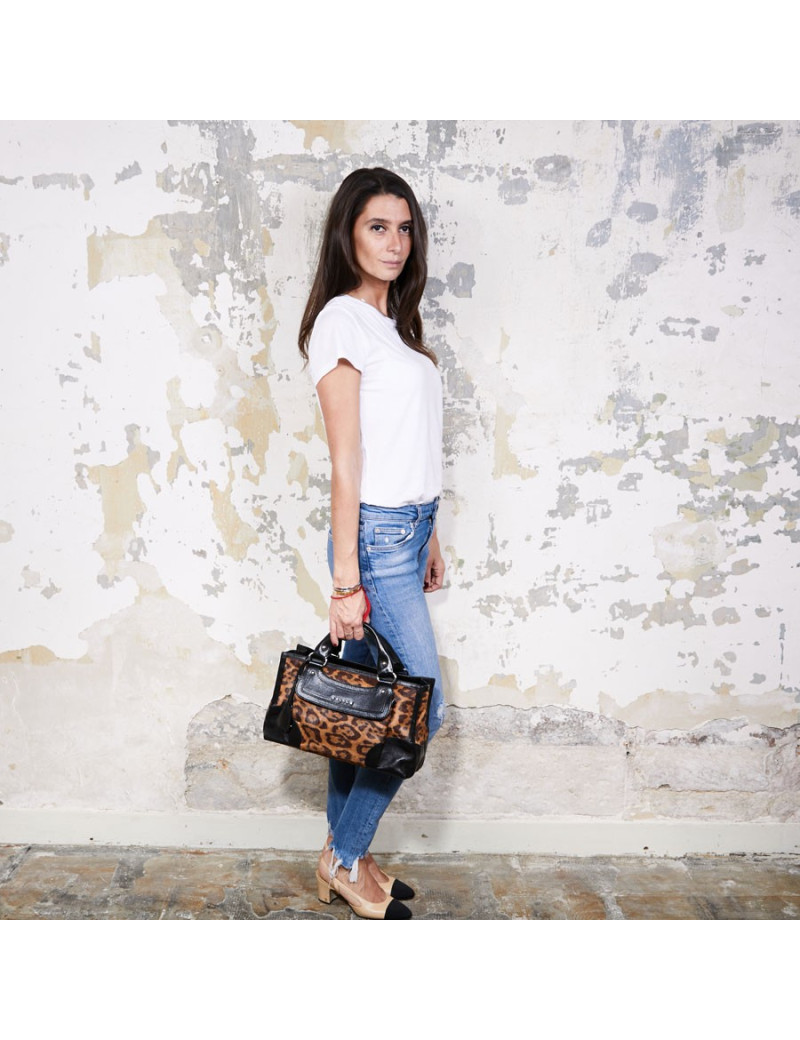 Sac CELINE cuir noir et poulain imprimé girafe marron