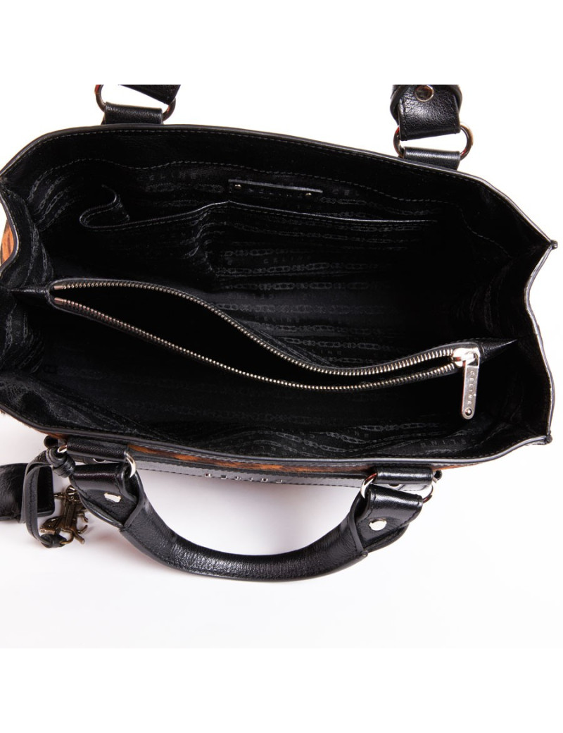 Sac CELINE cuir noir et poulain imprimé girafe marron