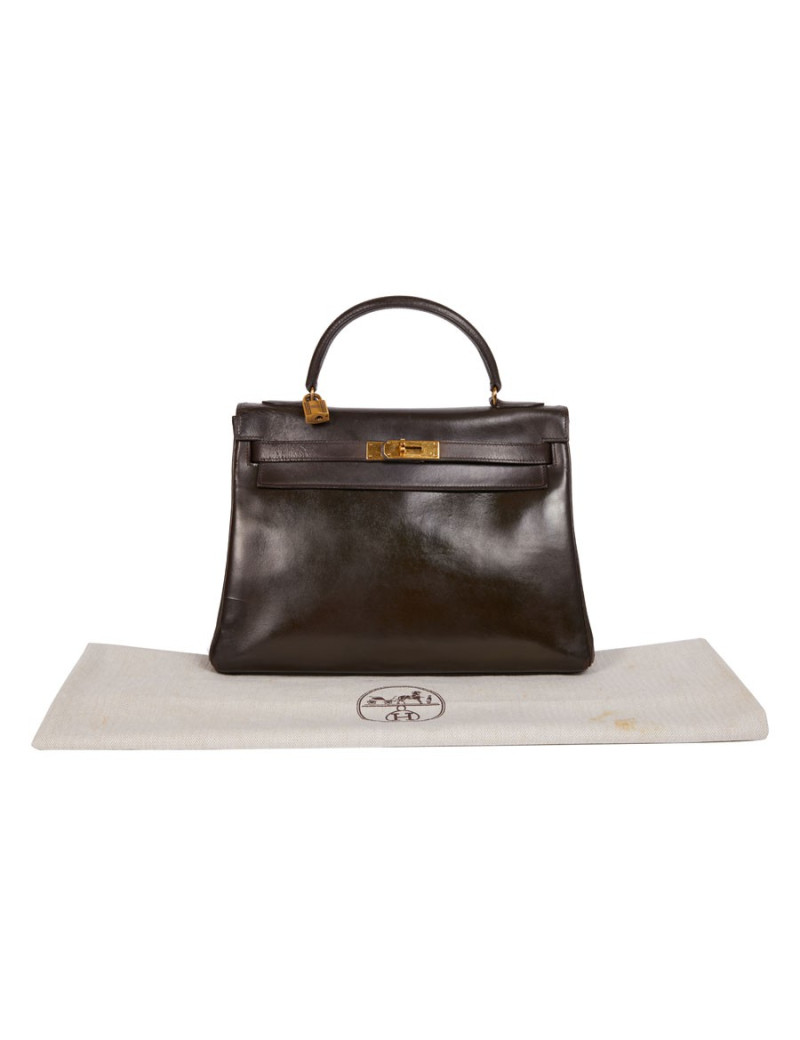 Sac Kelly 32 HERMES cuir box marron fermoir doré