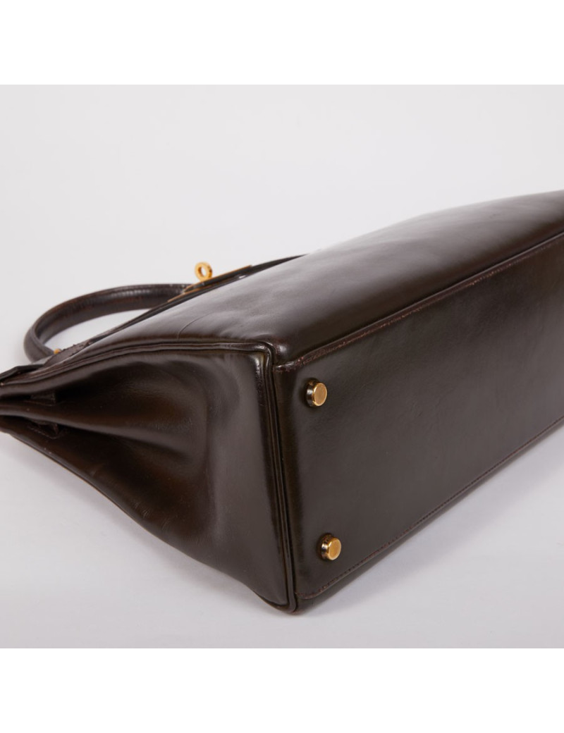 Sac Kelly 32 HERMES cuir box marron fermoir doré