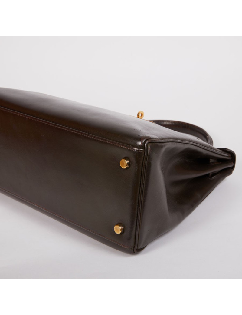 Sac Kelly 32 HERMES cuir box marron fermoir doré