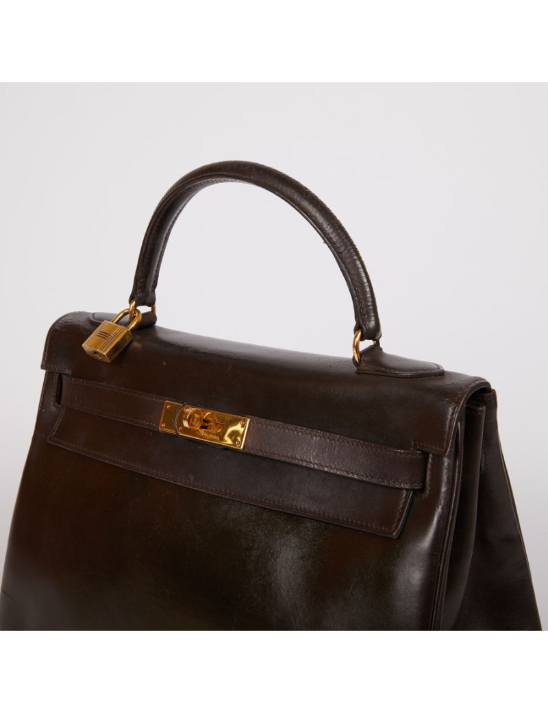 Sac Kelly 32 HERMES cuir box marron fermoir doré