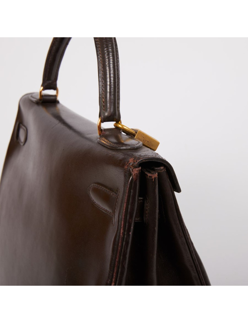 Sac Kelly 32 HERMES cuir box marron fermoir doré