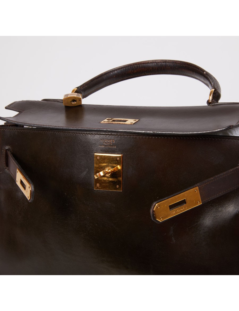 Sac Kelly 32 HERMES cuir box marron fermoir doré
