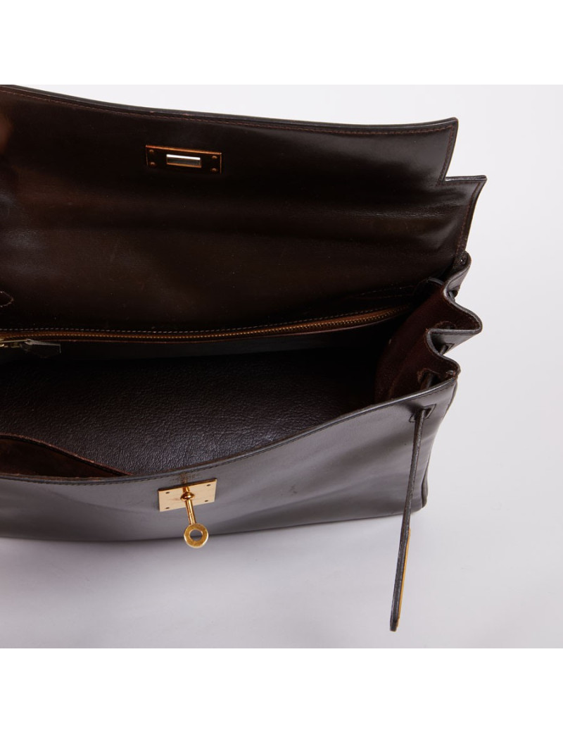 Sac Kelly 32 HERMES cuir box marron fermoir doré