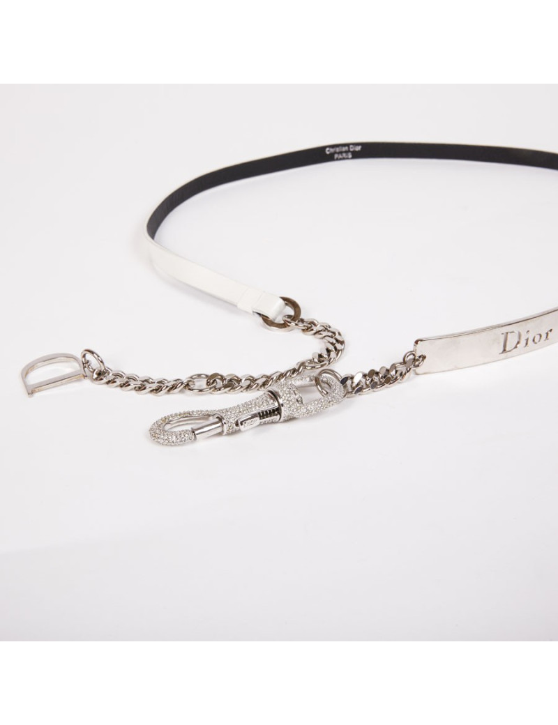 Ceinture CHRISTIAN DIOR T 90 cuir blanc mousqueton strass argent