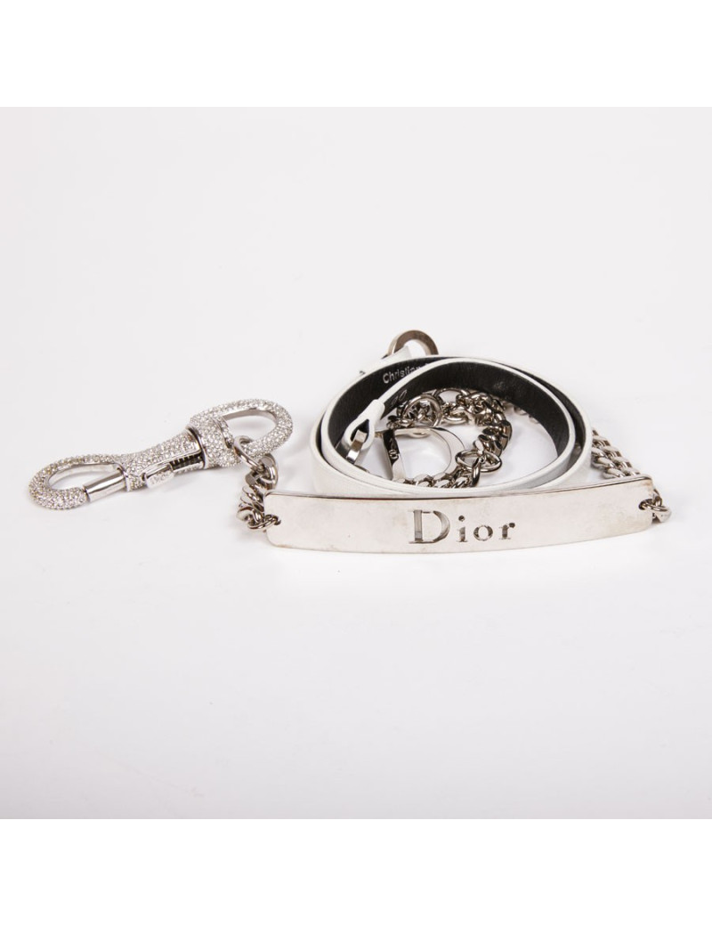 Ceinture CHRISTIAN DIOR T 90 cuir blanc mousqueton strass argent