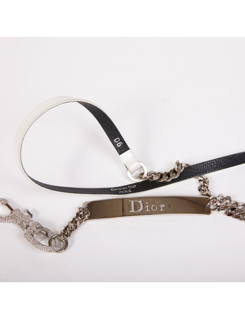 Ceinture CHRISTIAN DIOR T 90 cuir blanc mousqueton strass argent
