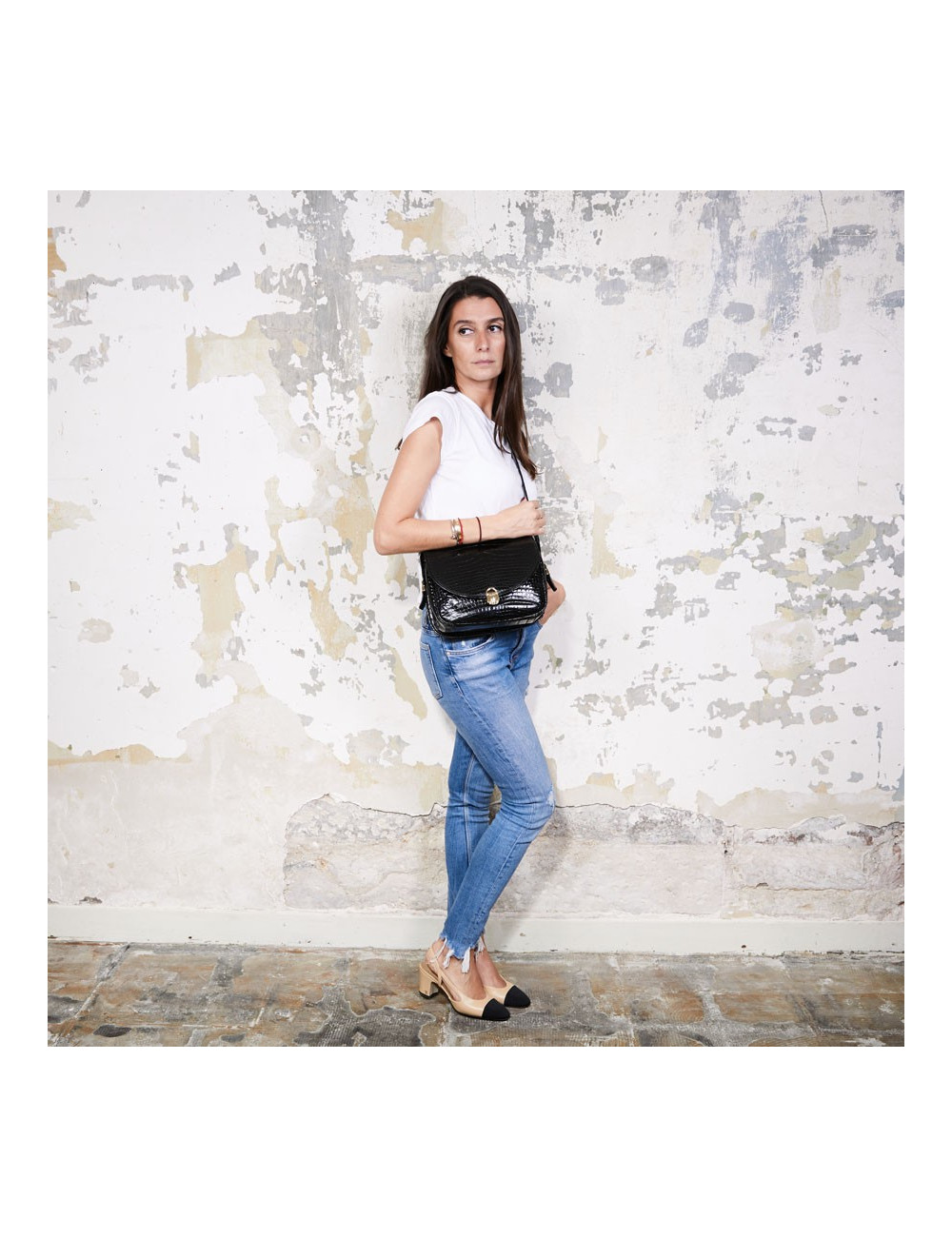 Sac GUCCI vintage crocodile noir brillant