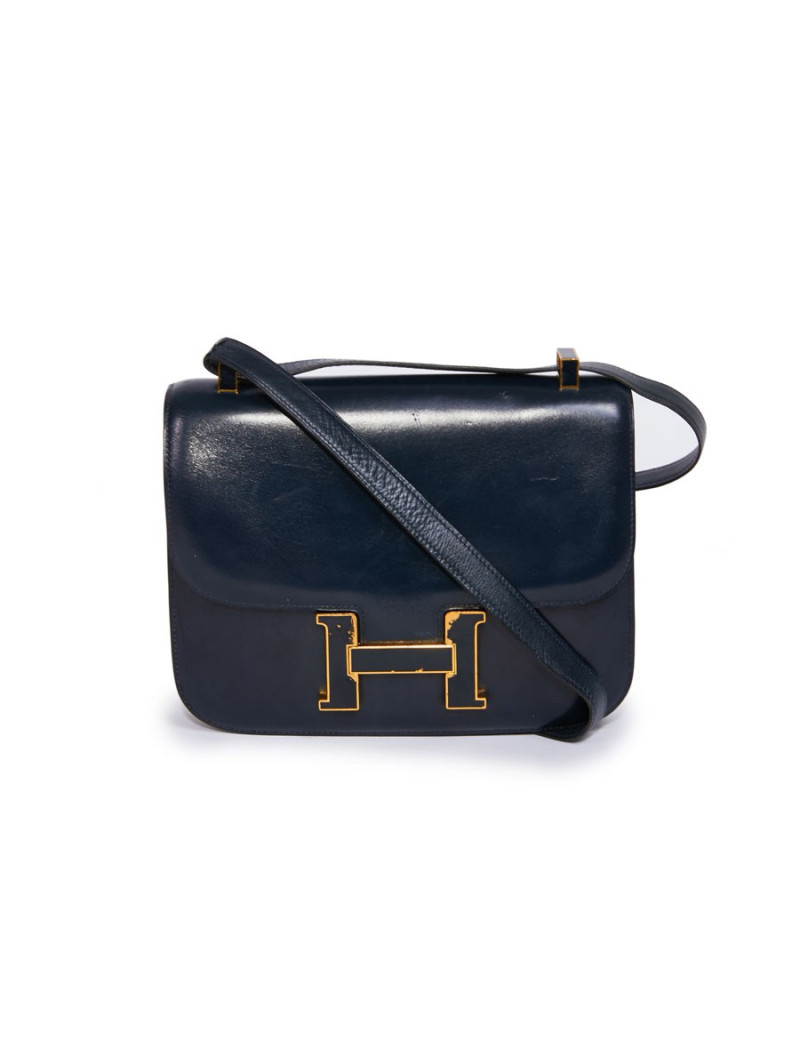 Sac Constance HERMES cuir box bleu