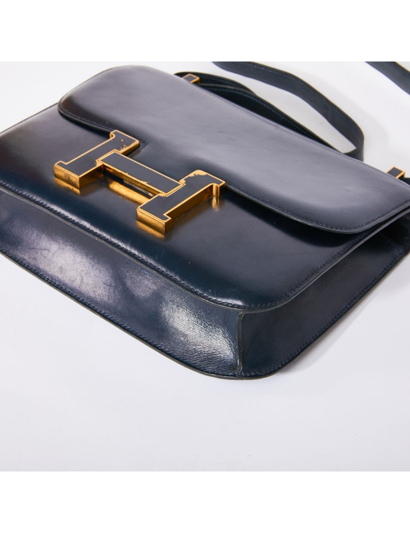 Sac Constance HERMES cuir box bleu