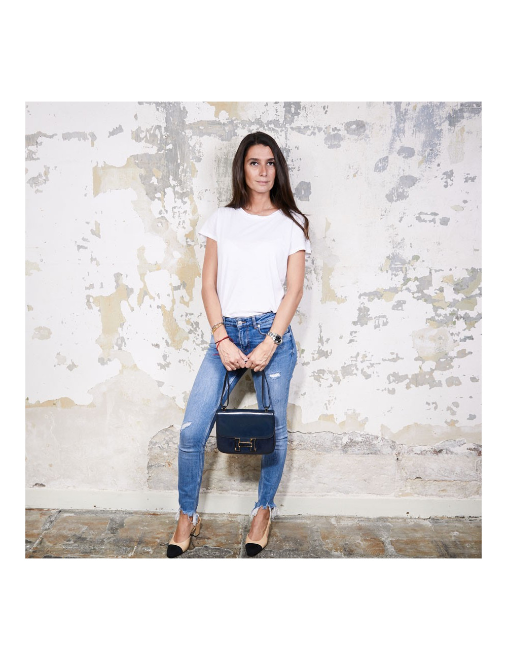 Sac Constance HERMES cuir box bleu