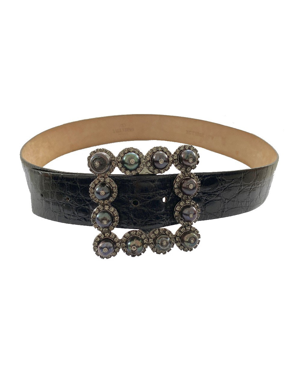 VALENTINO belt with buckle set in gunmetal pearls and rhinestones