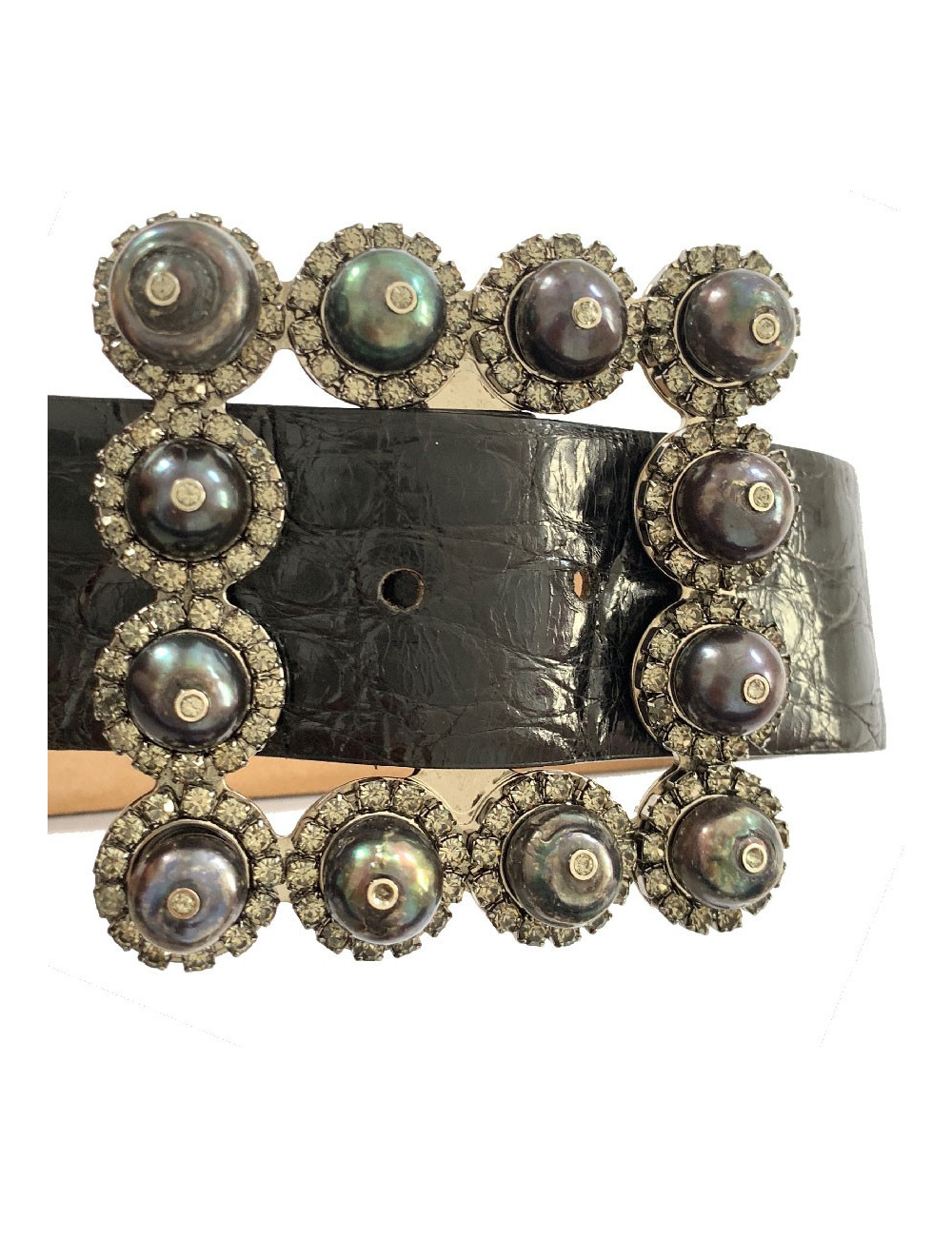 VALENTINO belt with buckle set in gunmetal pearls and rhinestones