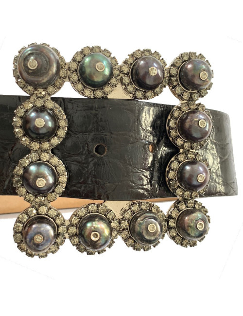 VALENTINO belt with buckle set in gunmetal pearls and rhinestones
