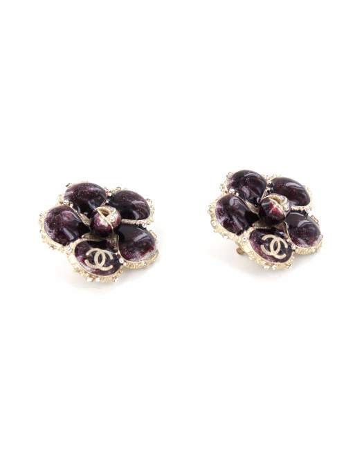 Clips d'oreilles CHANEL camelia émaillées grenat