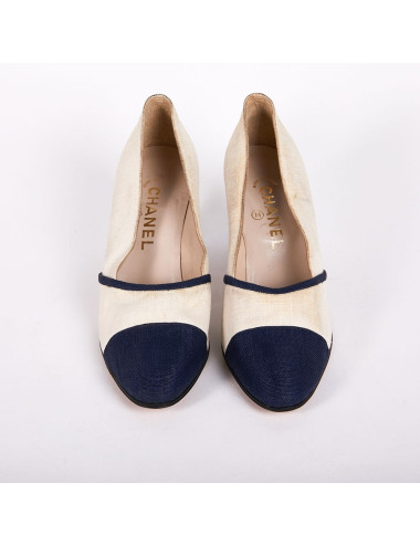 Escarpins T38 Chanel bi-matières bleu et blanc 2