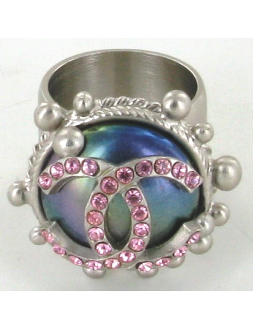 Bague CHANEL argent double "C" strassé rose