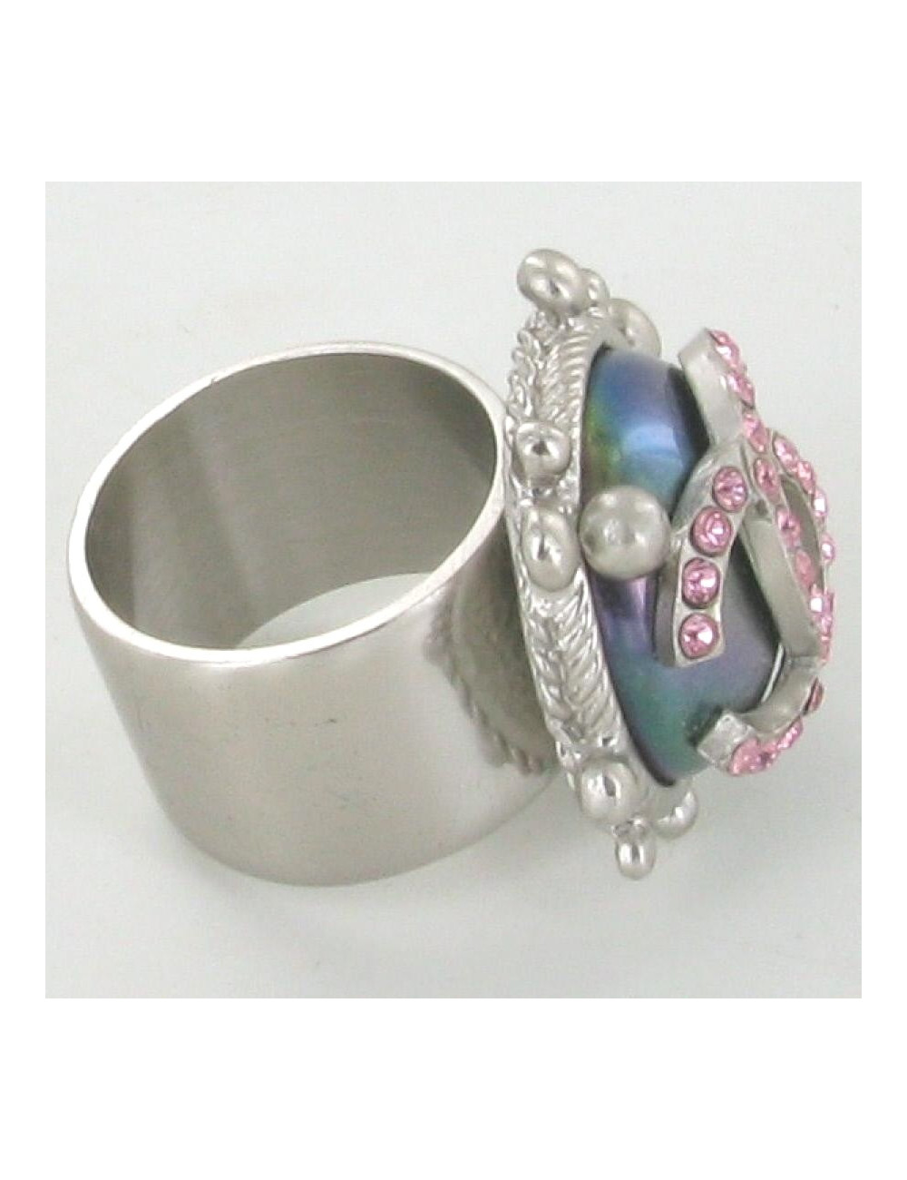 Bague CHANEL argent double "C" strassé rose