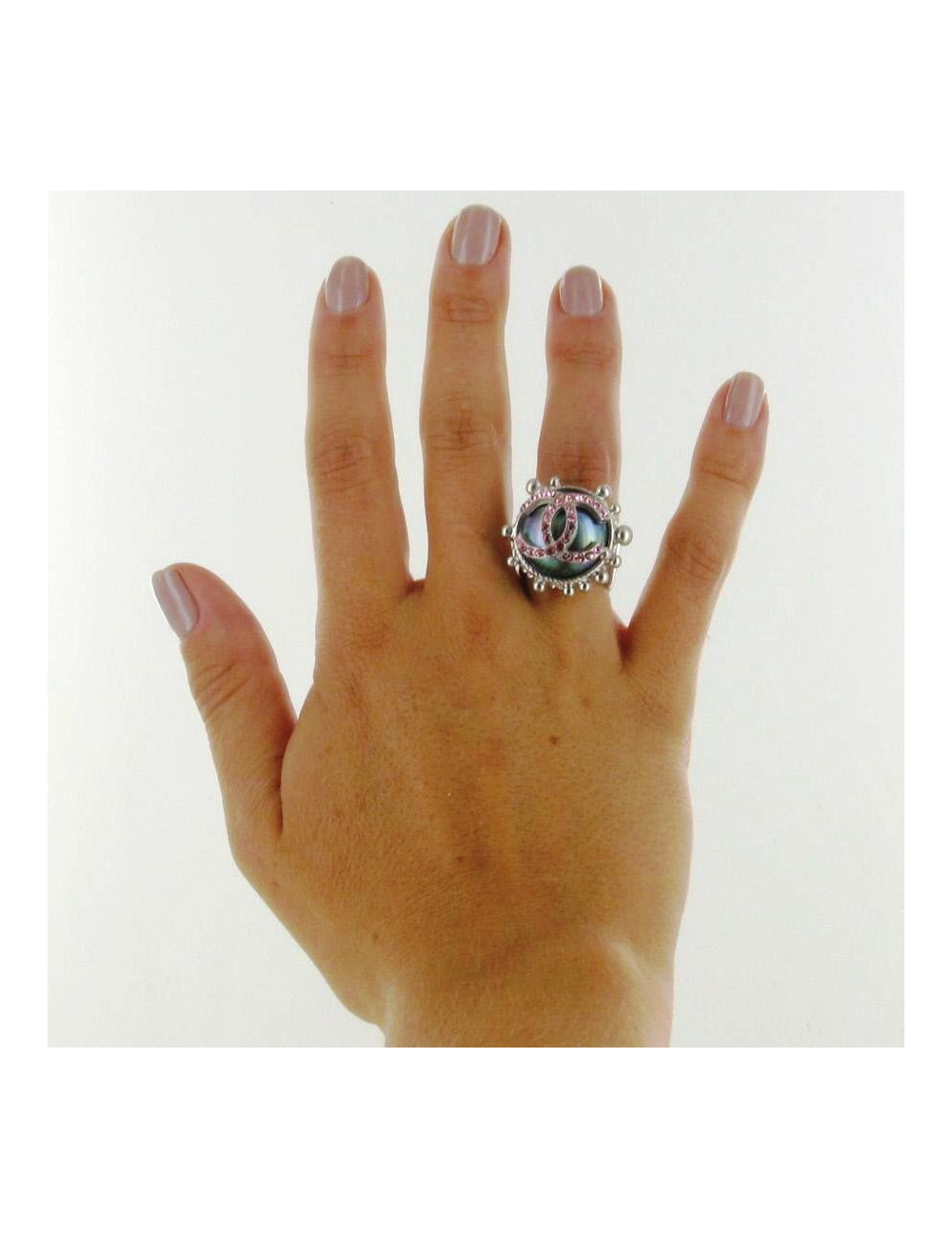 Bague CHANEL argent double "C" strassé rose