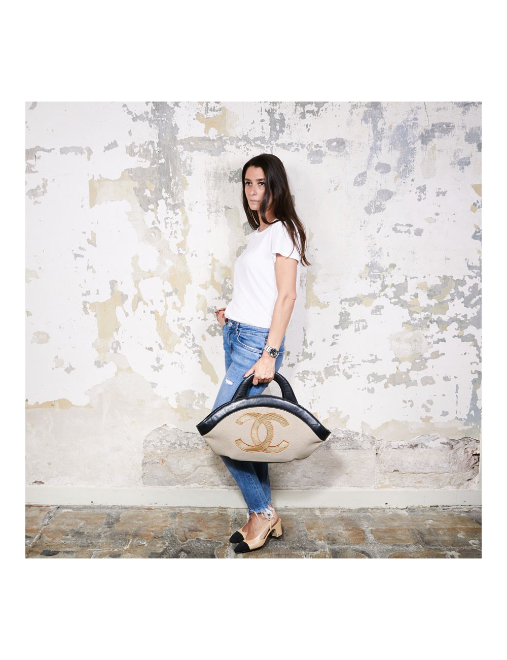 Sac CHANEL beige et cuir noir