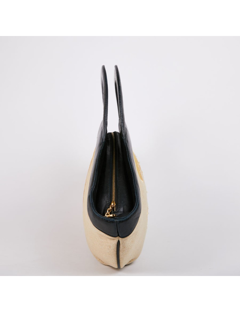 Sac CHANEL toile beige et cuir noir