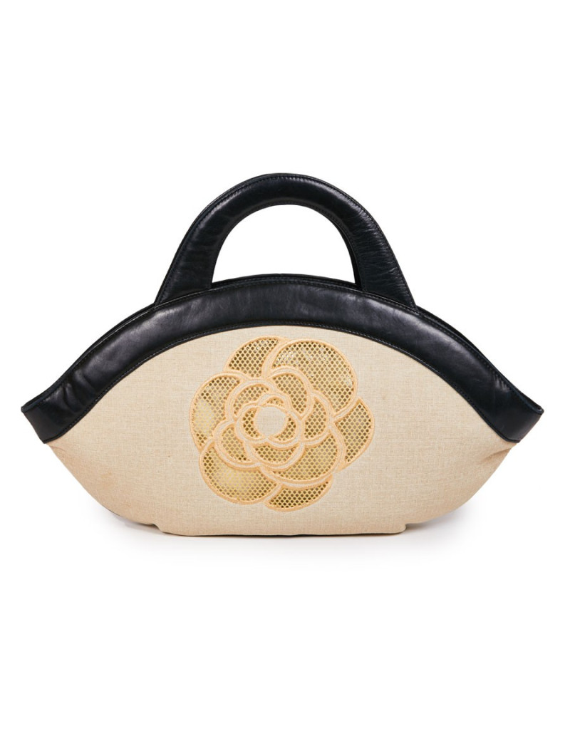 Sac CHANEL toile beige et cuir noir