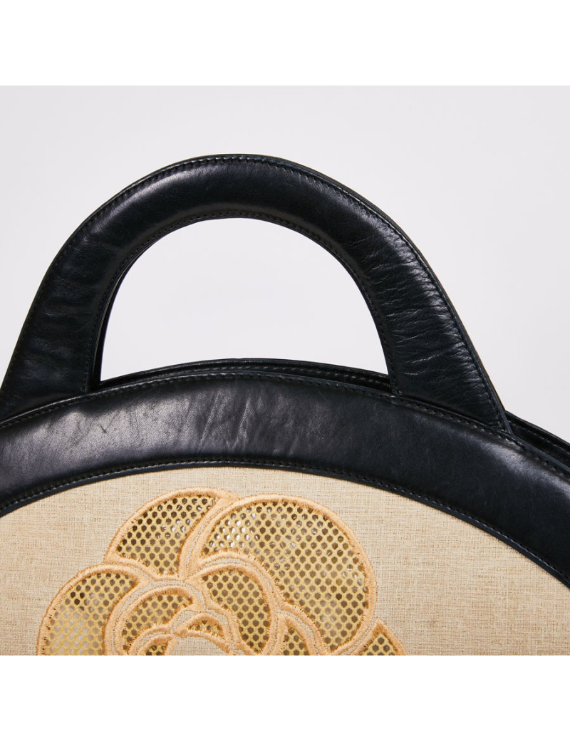 Sac CHANEL toile beige et cuir noir