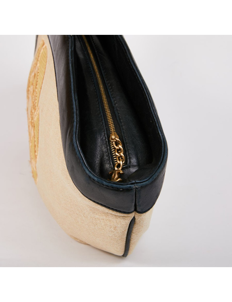 Sac CHANEL toile beige et cuir noir