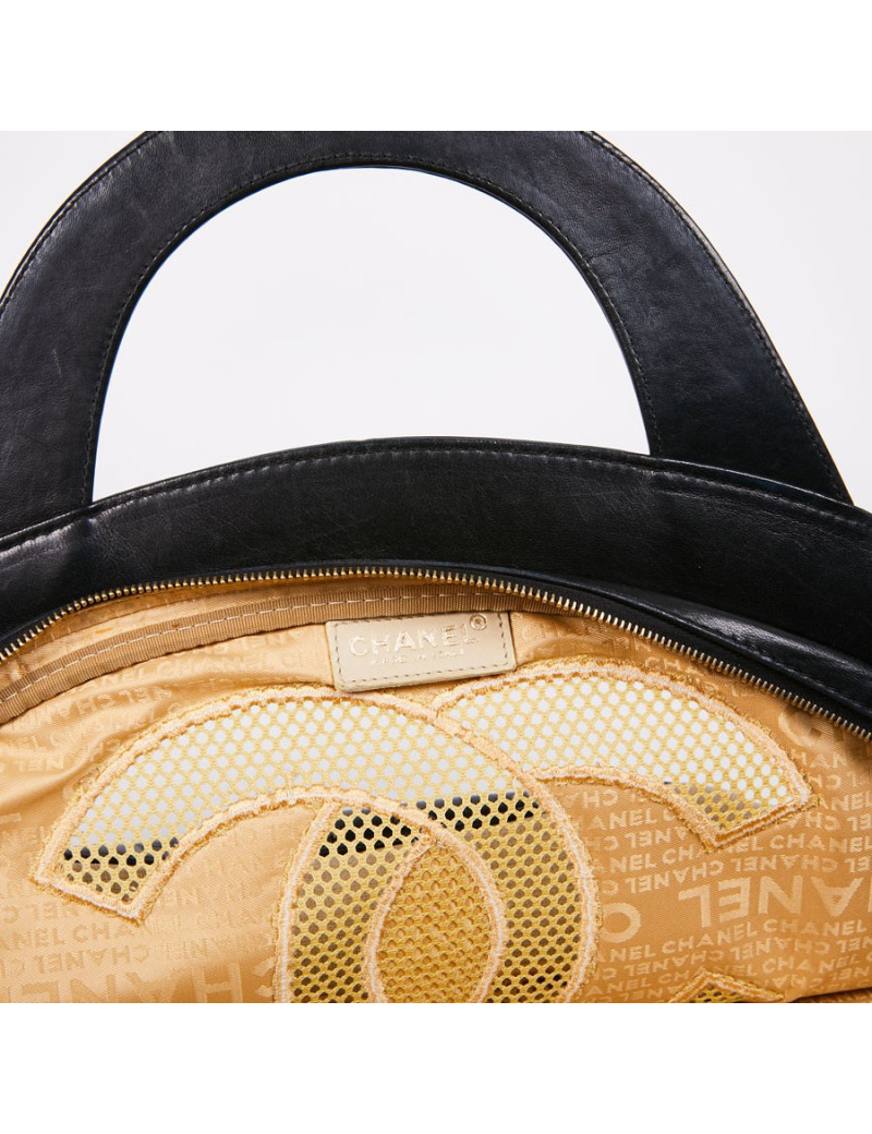 Sac CHANEL toile beige et cuir noir