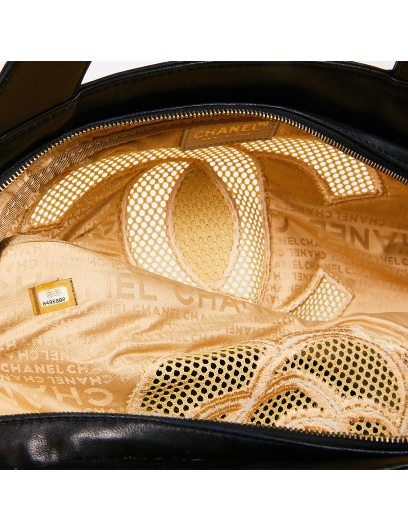 Sac CHANEL toile beige et cuir noir