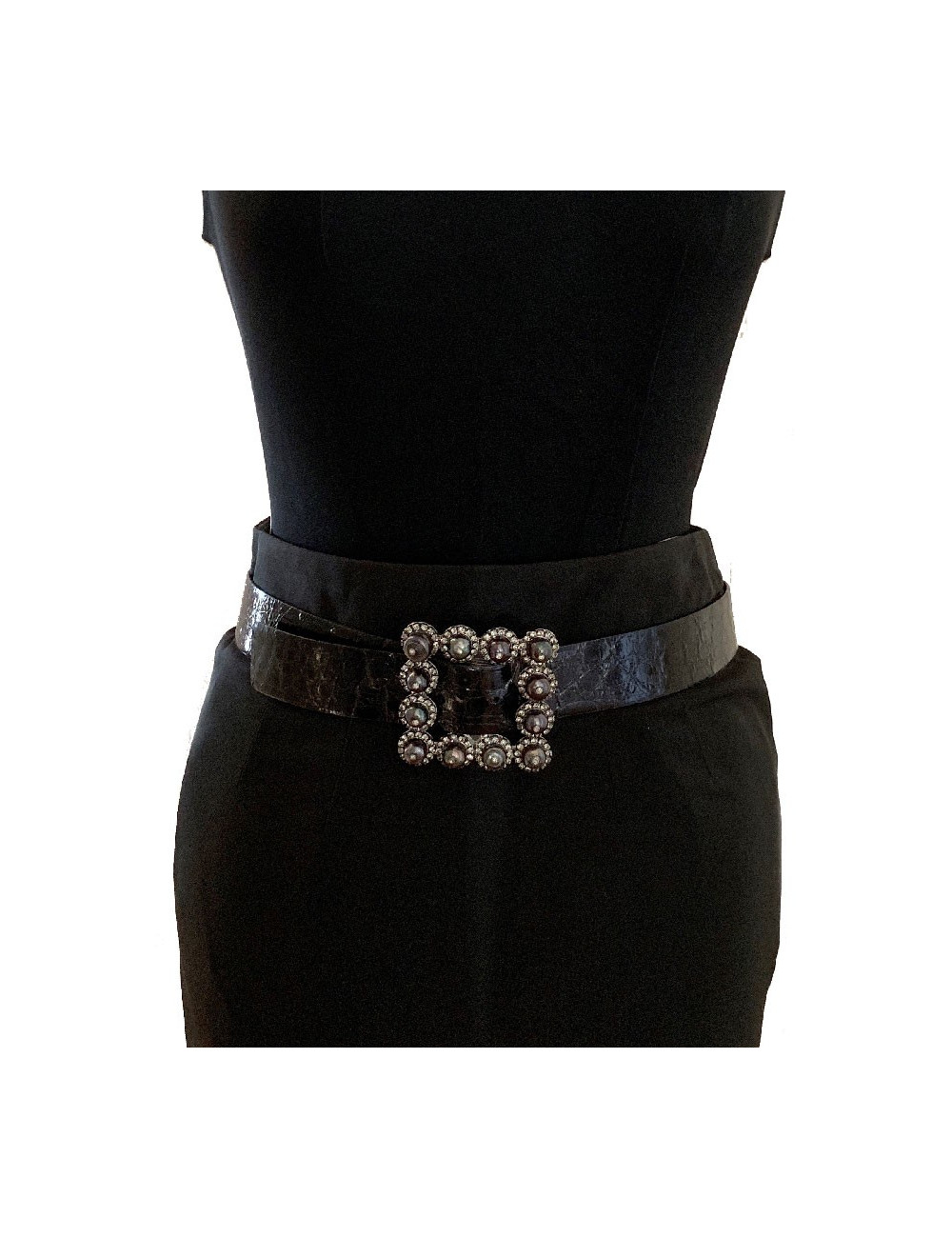 VALENTINO belt with buckle set in gunmetal pearls and rhinestones