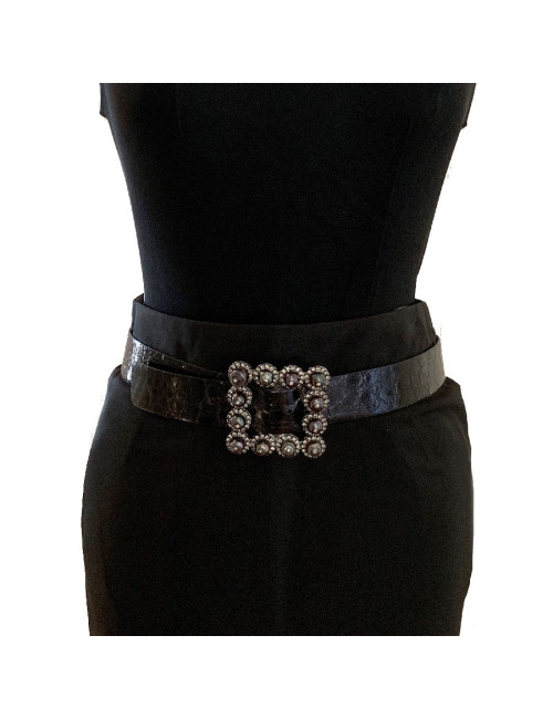 VALENTINO belt with buckle set in gunmetal pearls and rhinestones
