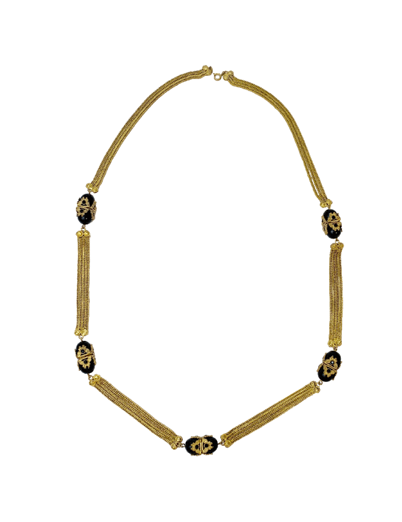 Sautoir chaines dorées et perles noires