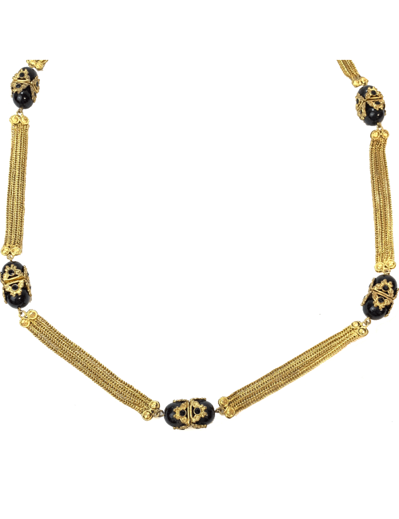 Sautoir chaines dorées et perles noires