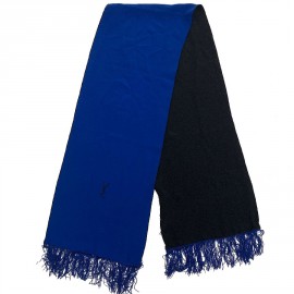 Echarpe YVES SAINT LAURENT vintage en soie bleu électrique et noire franges