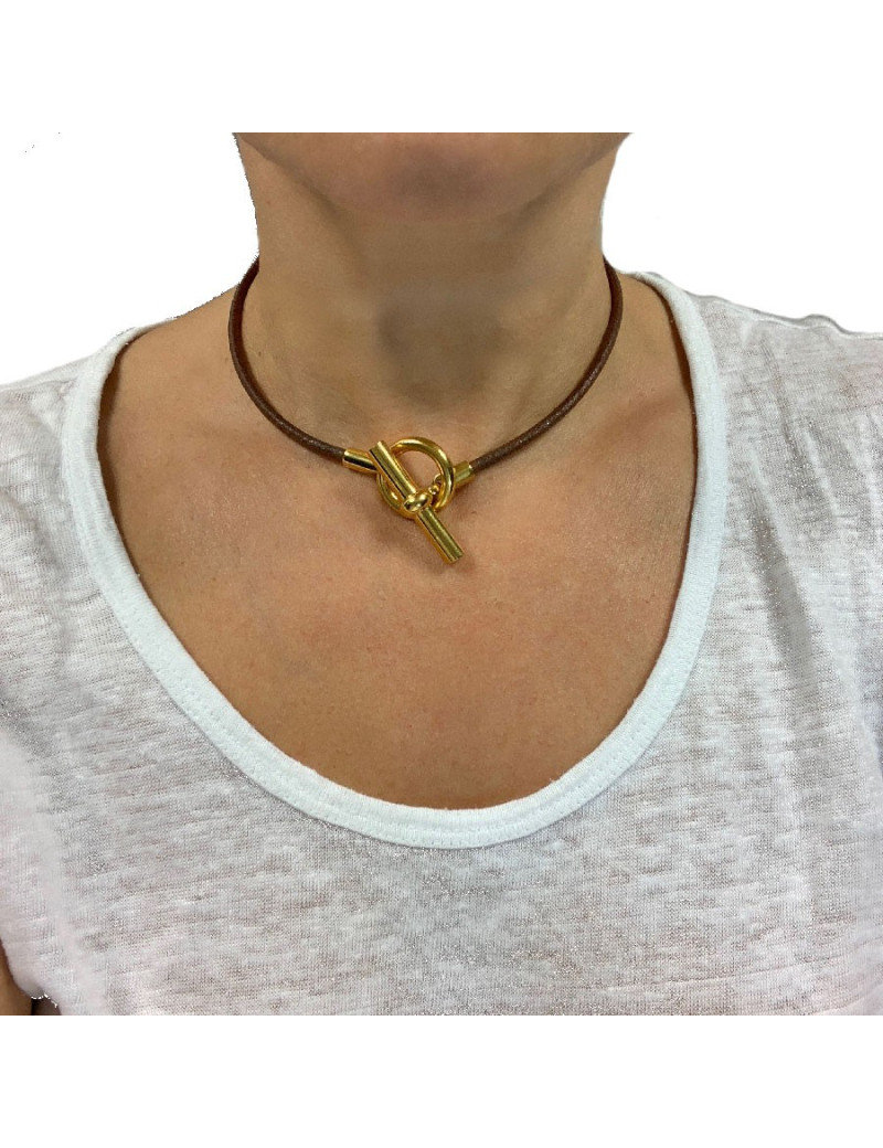 Collier HERMES Glénan cuir marron et bijouterie dorée