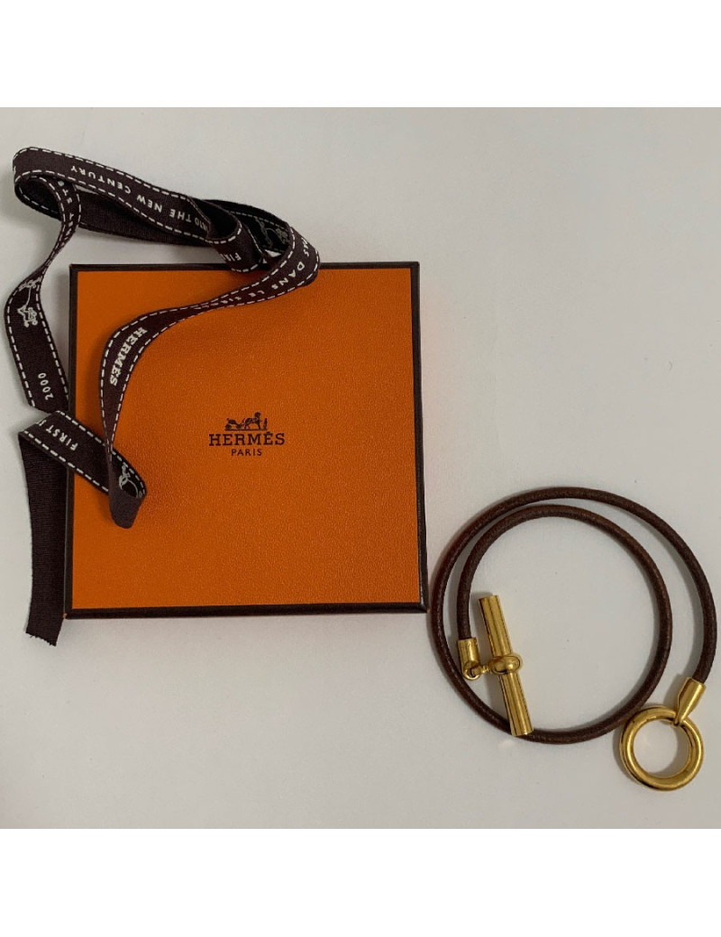 Collier HERMES Glénan cuir marron et bijouterie dorée