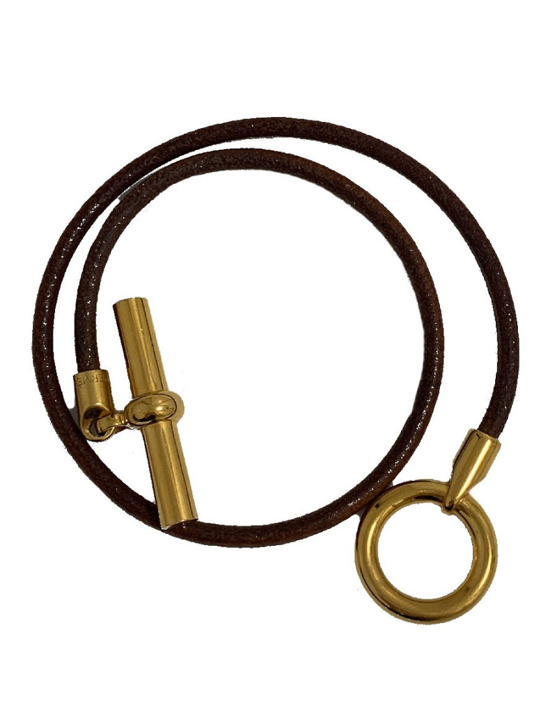 Collier HERMES Glénan cuir marron et bijouterie dorée