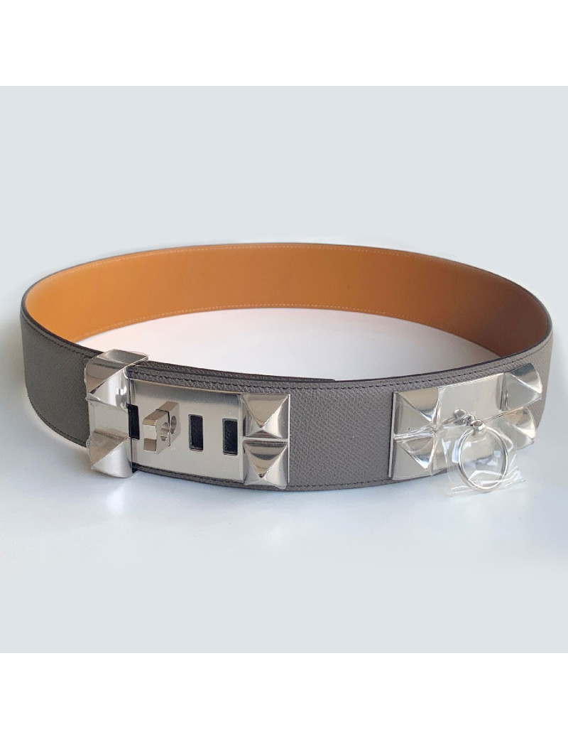 Ceinture HERMES collier de chien étain en cuir epsom 