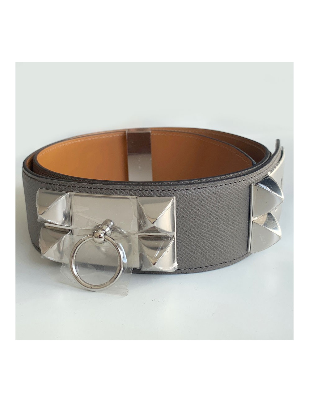 Ceinture HERMES collier de chien étain en cuir epsom 