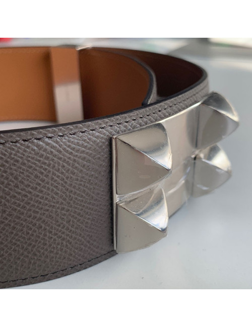 Ceinture HERMES collier de chien étain en cuir epsom 