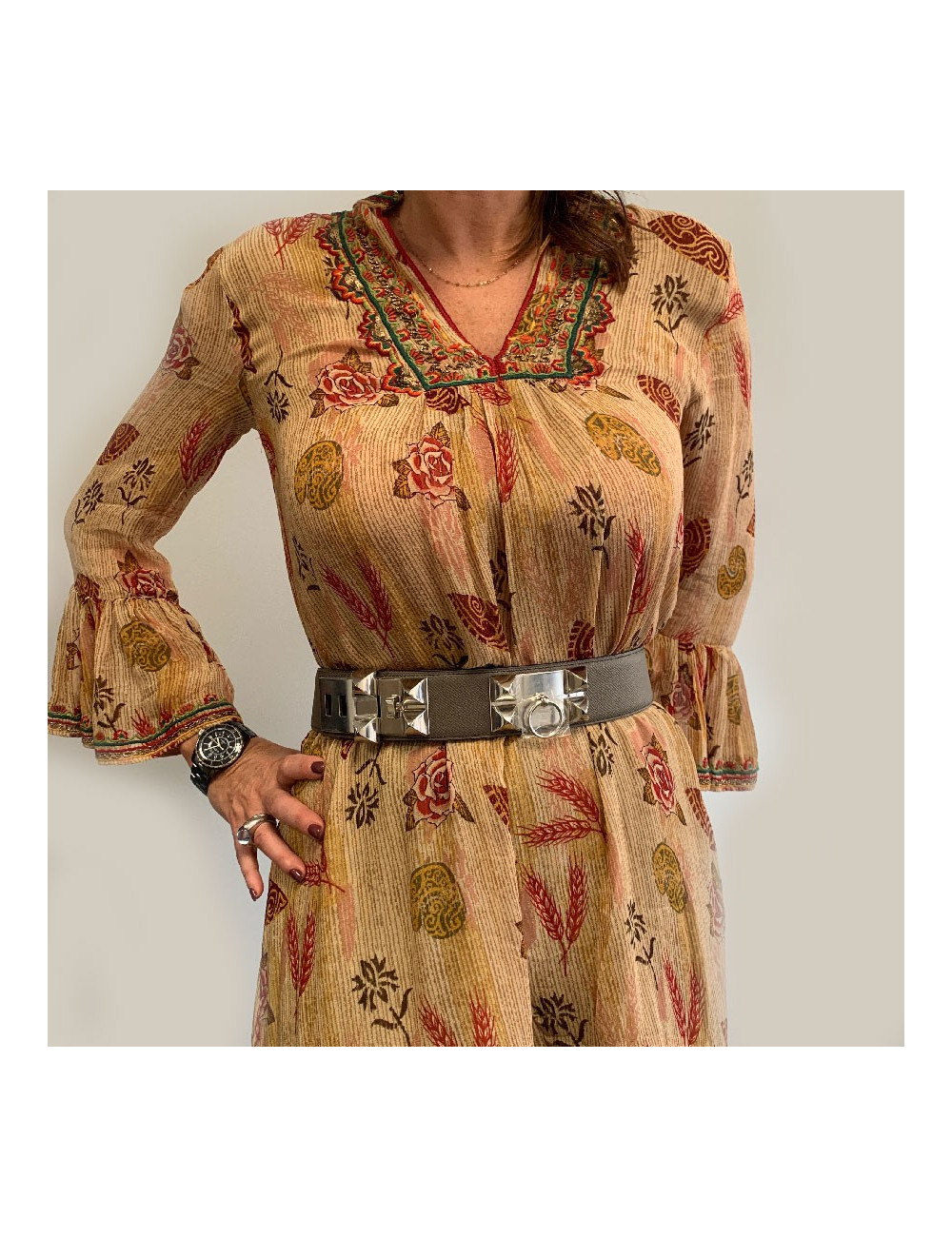 Ceinture HERMES collier de chien étain en cuir epsom 